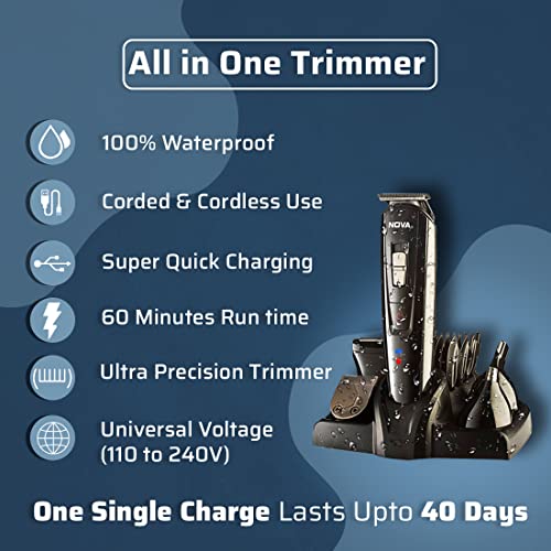 Nova NG 1151 All In One 100% Waterproof Corded N Cordless: 60 Minutes Runtime Hair Trimmer Grooming Kit For Men (Black) view 2