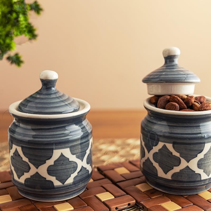Lyallpur Stores Ceramic Barni Jar Container (Grey/White Color, Capacity 200ML, Pack of 2) for Storage Achaar/Pickle, Namak/Salt, Masala/Spices