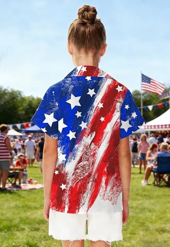 Image of 4th of July Shirts for Girls Boys American Patriotic Tshirt Kids Hawaiian Button Down Tops