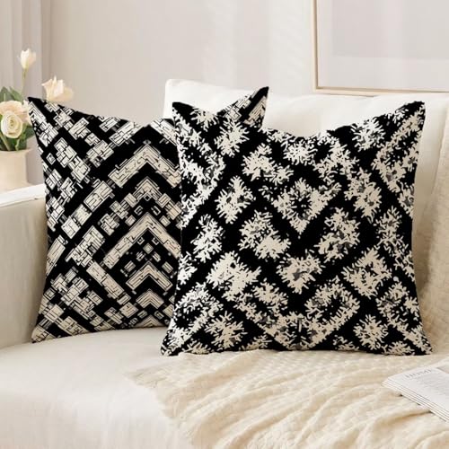 Coussin décoratif géométrique noir 70x70 cm antitache en lin - 3