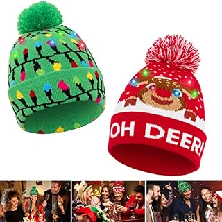 2 Pack Christmas Hats Achort Winter Light-Up Knitted Hat Warm Novelty Xmas Cap 6 LED Lights Colorful Glowing Festival Beanie for Kids Children Unisex Holiday Party Skating Cycling