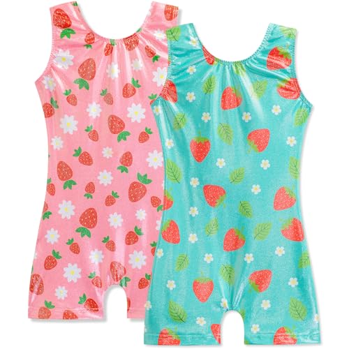 HOZIY 2 Pack Girls Gymnastics Leotards for Kids Toddlers Dance Outfits with Shorts Biketards Tumbling Clothes Sparkly 7-8 Years Strawberry 2 Pack