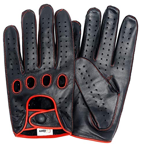 Riparo Genuine Leather Reverse Stitched Full-Finger Driving Gloves (Medium, Black/Red Thread)
