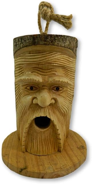 Thai Gifts Wooden Bird House Garden Nesting Tree Hanging Box - Hand Carved Green Man Design