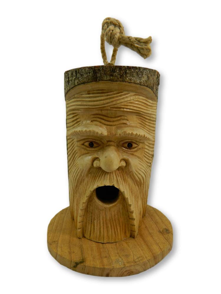 Green Man Bird House H25cm - Hand-Carved Wooden Nesting Box for Small Birds - Unique Hanging Garden Tree Decor - Sustainable Gift Inspired by Old Man of the Woods & Hern the Hunter