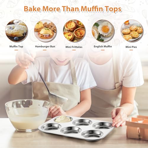 Image of E-far Muffin Top Pan, Stainless Steel 6-Cavity Shallow Cupcake Pan for Baking Whoopie Pie, Yorkshire Pudding, Eggs, Cornbread, Drop Cookies, Non-toxic & Standard Size, Oven & Dishwasher Safe