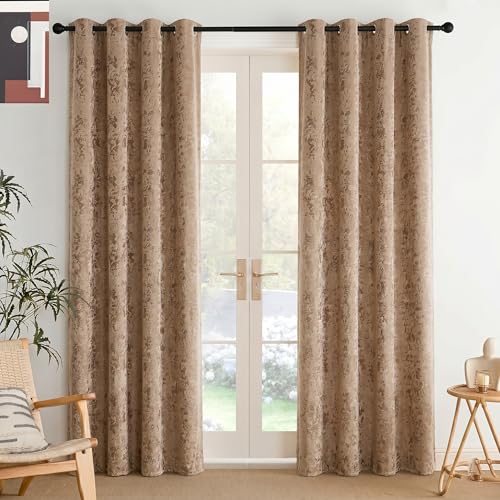 Image of IVAZA Premium Velvet Burnout Pattern 70% Blackout Opaque Curtains - Thermal Insulated, Heavy Blackout Opaques, Room Darkening Curtain for Door 8 Feet Pack of 2 Brown Burnout