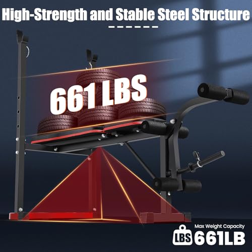 OPPSDECOR 661LBS Weight Bench Set, 8 in 1 Adjustable Bench Press with Squat Rack Leg Extension & Leg Curl Foldable Workout Bench with Safety Bar Catches Standard Weight Training Benches for Home Gym (Bright Black)