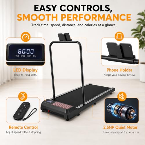 Image of Walking Pad Treadmill with Handle Bar, 8% Incline Under Desk Treadmill | 2.5HP Quiet Motor, 265 lb Capacity, 0.6-4 MPH Speed, 15 x 35.4 in Belt, Compact for Home Office and Small Spaces
