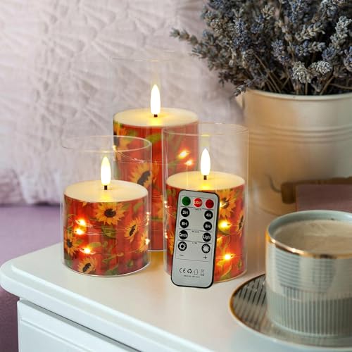 Image of Flickering Flameless Candles Sunflowers Embedded Star String Lights, Battery Operated Acrylic LED Pillar Candles with 11-Key Remote and Timer for Home Decoration, 3 Pack