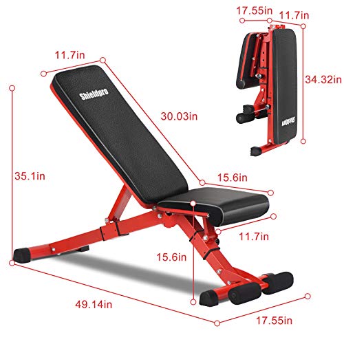 SHIELDPRO Weight Bench, Adjustable Bench for Full Body Workout with Fast Folding Upgraded Incline/Decline Wider Backrest/Seat，Home Gym