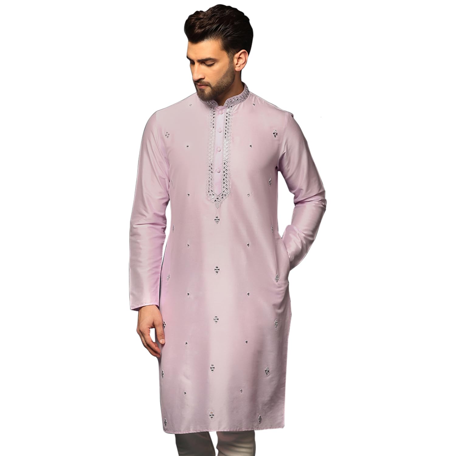 Kisah Cotton Pink Kurta For Men, Full Sleaves, Knee Length, Straight, Regular Fit, Mandarin Collar, Geometric Embroidered Mirror Work Ethnic Wear