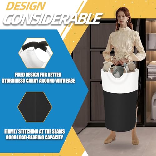 Image of 90L Large Laundry Basket, Collapsible Laundry Bag, Freestanding Tall Clothes Hamper, Foldable Washing Bin (Black & Beige)