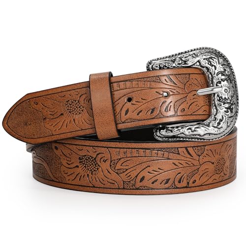 Adjustable Vintage Western Belts for Women Men Cowboy Cowgirl Belt Engraved Buckle Belt for Jeans Pants Dresses