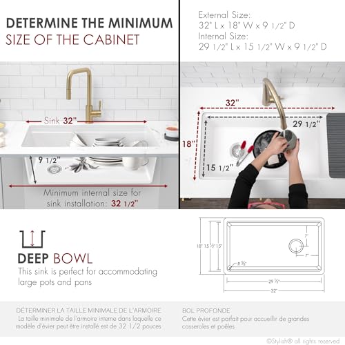 Image of Stylish 32 x 18 Inch Composite Granite Workstation Kitchen Sink, Single Bowl Under Mount & Drop in, 9.5 in Deep, with Cutting Board, Roll-Up Drying Rack, Colander & Strainer, White, S-832WH