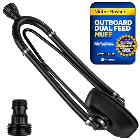 Five Oceans Outboard Motor Muffs, Dual Feed Muff Boat Motor Flusher, Black PVC Marine Grade Rectangular Muffs, Coated Steel Bracket, Includes Garden Hose Connector and Quick Connect Adapter - FO4241 Cover