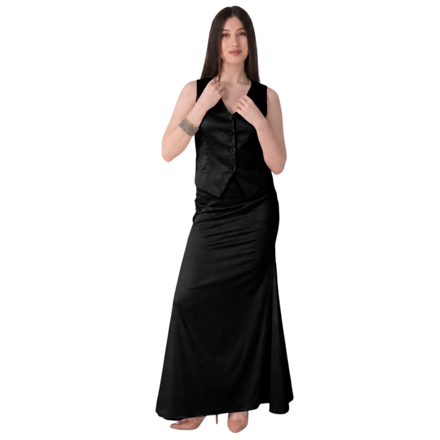 Women's Satin Solid Co-Ord Set| Women's, 2-Piece, Co-Ord Set, V-Neck, Waist Coat and Long Skirt.-image-20