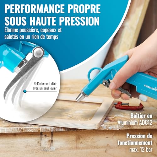 Poppstar Kit d'accessoires pour air comprimé : Gonfleur de pneus (0-16 bar, tuyau: 340 mm), Tuyau spiralé pour air comprimé 5m, Pistolet de soufflage (12 bar) – vue 6