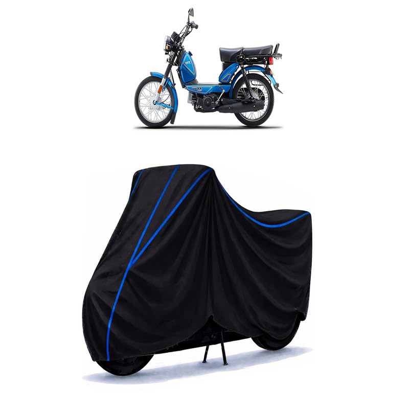 Image of TVS XL100 Heavy Duty i Touch Start Bike Cover Water Resistant Universal Motorcycle Rain | Heavy Duty UV Protection, Dust, Scratch Indoor Outdoor All Weather with Black Blue Piping Elastic
