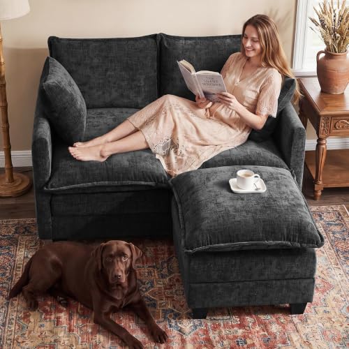 Image of 50 inch Loveseat Sofa with Ottoman, Cloud 2-Layer Cushion & 27 inch Deep Seat, Modern Love Seat Small Couch with 2 Washable Pillows for Small Spaces, Bedroom, Apartment, Office, Living Room, in a Box, Black