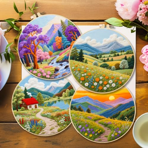 Image of BEUNITONE 4 Set Fairy Tale Landscape Embroidery Kit for Beginners 7.9 inchx7.9 inch Pre-Stamped Pattern Needlepoint Kits with Hoop, Tools & Instruction, Handamde Embroidery Kits for Fabric and Home Decor