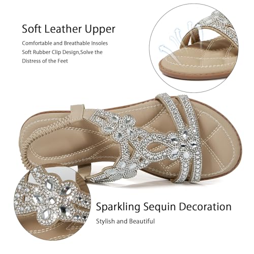Image of iCKER Womens Rhinestone Strappy Flat Sandals Elastic Ankle Strap Open‑Toe | Sparkling,for wedding,party,evening dates,special occasion,Vacation,Formal