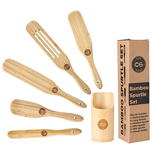Bamboo Spurtles Kitchen Tools 5 pcs Spurtle Set Wooden Spatula for cooking Wooden Spurtle Utensils Set with holder Heat Resistant Bamboo Cookware Wooden Non-stick Kitchen Utensil Set with wood spoons