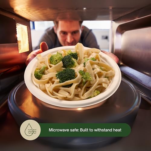 Image of FSE 100% Compostable Round Paper Plates, 7 Inch, Heavy Duty Disposable Plates, Eco-Friendly Unbleached Bagasse, Microwave Safe, (Case of 1000)