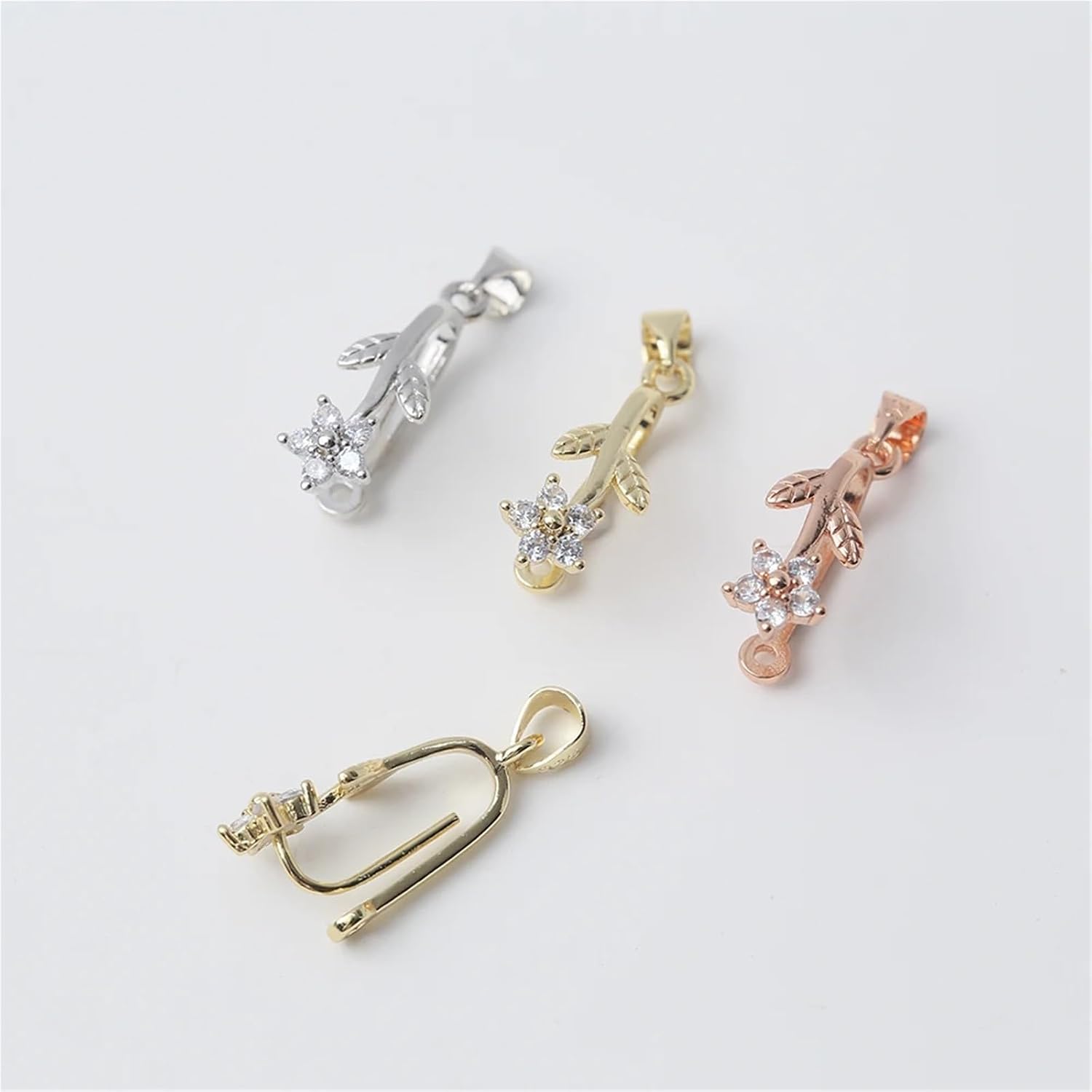 Pinch Bails for Jewelry Making 12Pcs Donut Bail CZ Star Flower Pinch Clip Clasps Pendant Hook Buckle Setting for DIY Gemstone Jewelry Making(Rhodium)