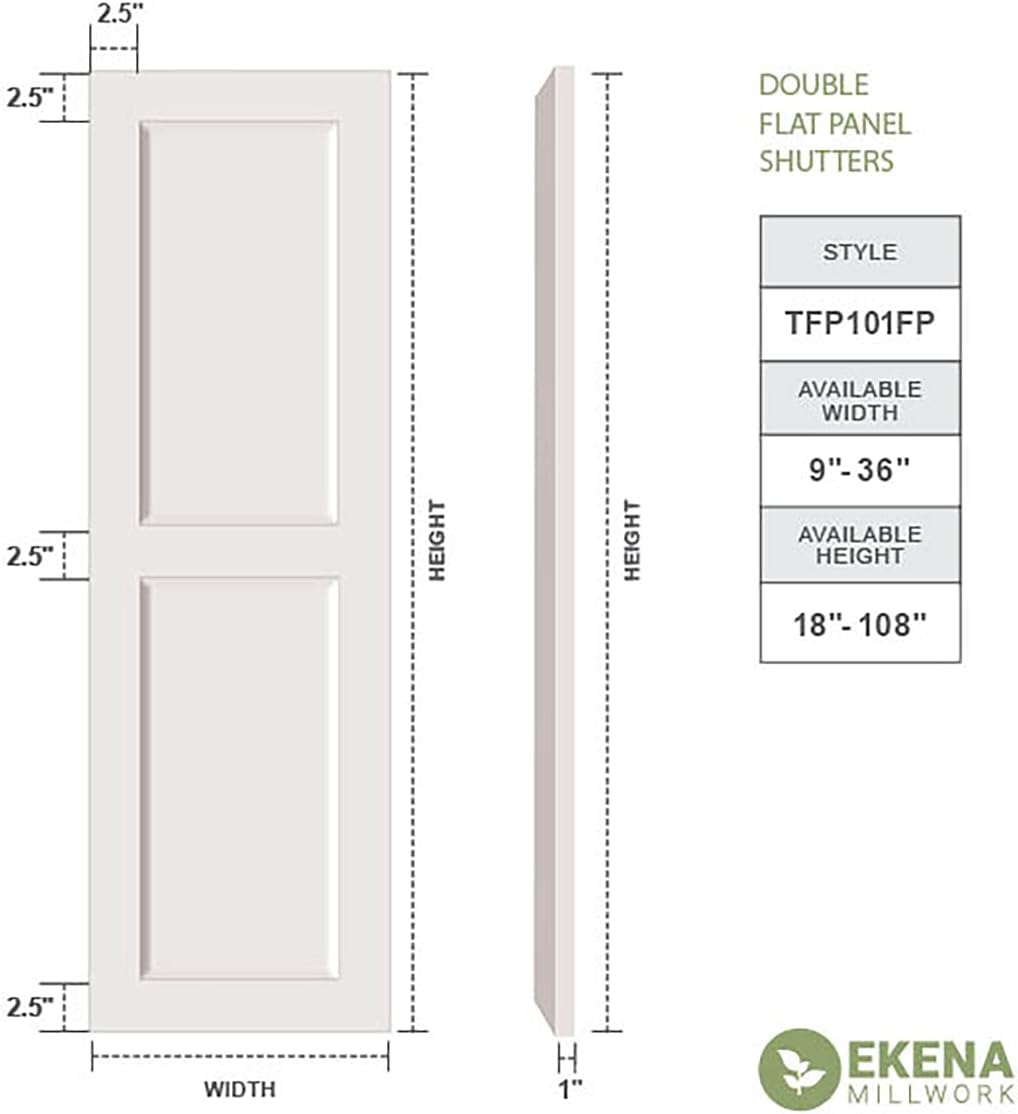 Ekena Millwork 18"W x 25"H True Fit PVC Two Equal Flat Panel Shutters, White (Per Pair - Hardware Not Included)