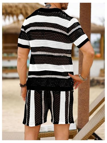 Verdusa Men's Knitted 2 Piece Outfitd Short Sleeve Hollow Out Button Up Shirt and Shorts Set2