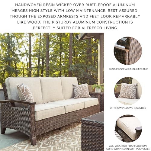 Signature Design by Ashley Paradise Trail Outdoor Patio Sofa with Cushion and 2 Pillows, Brown & Beige - Image 6