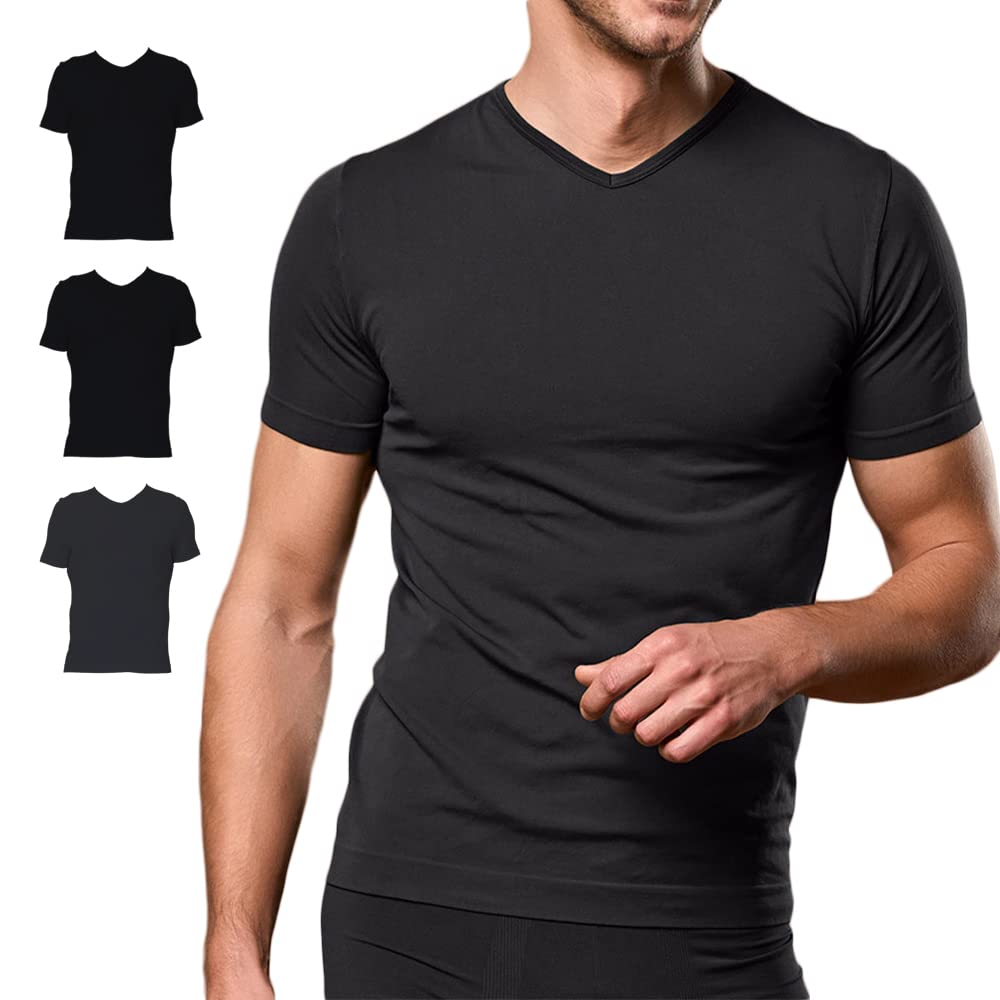 FOCENZA Set 3 Pezzi T Shirt Uomo con Scollo a V, Maglia Intima in Morbida Microfibra Elasticizzata e Confortevole, Vari Colori, Made in Italy