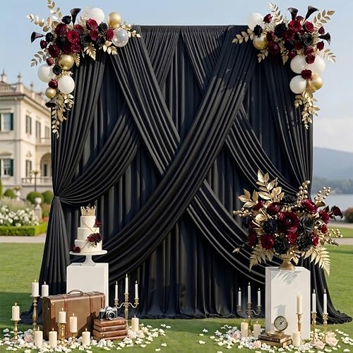 gogoparti 20x12ft Black Backdrop Curtain for Wedding Parties 4 Panels (5x12 ft Each) Wrinkle-Free Dackdrop Curtains Silky Draping Fabric for Birthday Party Baby Shower Photo Background