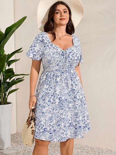 Image of RWJ Women Plus Size Summer Dress Short Sleeve Tie Front Sweetheart Neck Casual Mini Wedding Guest Dresses 2025