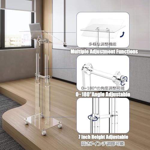 Pupitre à podium en acrylique – Hauteur réglable en C pour églises et événements – Design roulant multifonction en acrylique pour faciliter la lecture