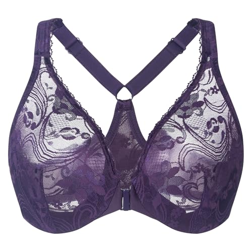 MELENECA Soutien-Gorge Grande Taille Dos Nageur Non doublé en Dentelle avec Armatures et Fermeture sur Le Devant pour Femme Violet 120D