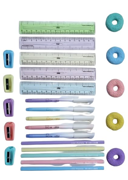 Image of FLAIR Good Luck Pencil Kit- Includes 1 Ballpoint Pen 0.7mm Blue Ink, 1 Extra Dark Wooden Graphite Pencil, 1 Long Point Sharpener, 1 Low Dust Eraser, 1 Plastic Scale 15 Cm.- For Daily Use-Pack of 10