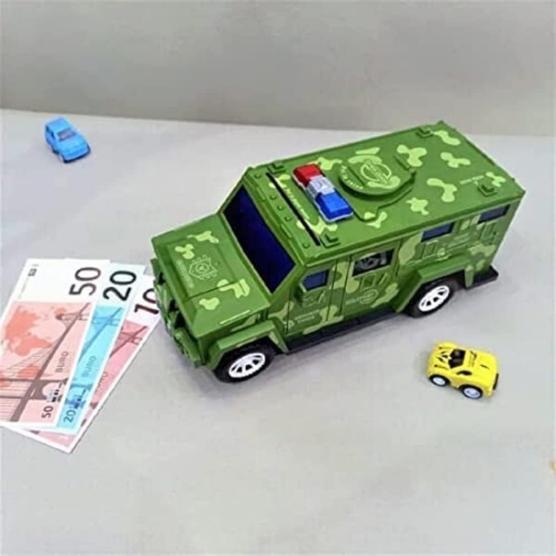 Ixora Military car Money Safe Box for Kids Piggy Coin Cash Savings Box Bump n go Military Truck Lights Sound Music Army Jeep Money Saving Pot Safe ATM Safe Bank Toy car Gifts for Children 3