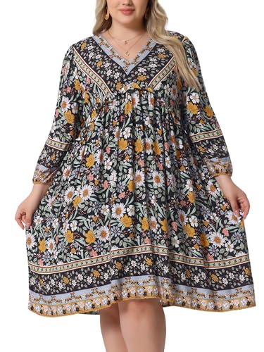 Image of Agnes Orinda Plus Size Summer Dress for Women Casual Boho Floral V Neck 3 /4 Sleeve Midi Short Beach Dress