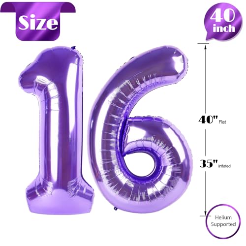 Image of Purple Number 16 Balloon 40 Inch, 16th Birthday Party Decorations, Giant 16 Foil Balloon for Party Supplies