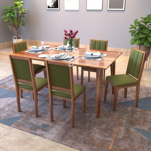 Image of DRIFTINGWOOD Tiya Dining Table 6 Seater | Six Seater Dinning Table with 6 Chairs in Green Cushions for Home | Rosewood, Honey Finish, Self Assembly(DIY)