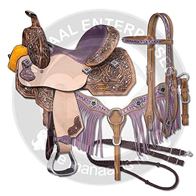 Manaal Enterprises Premium Leather Western Barrel Racing Adult Horse Saddle Tack, Matching Leather Headstall, Breast Collar, Reins, Size 14-18 Inches