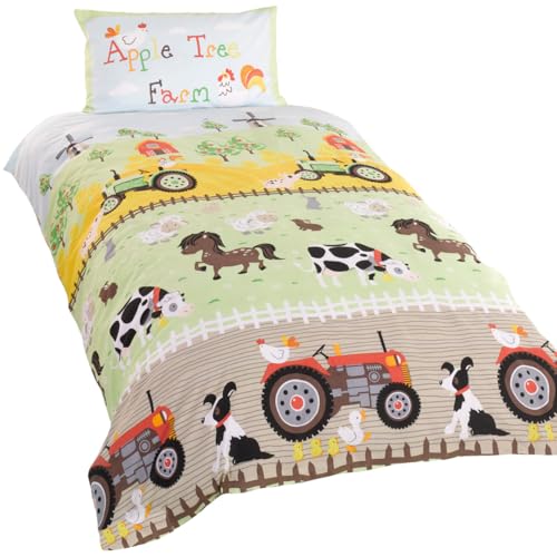 Rapport Home Toddler Duvet Cover Set & Pillowcase - Farm Animals & Tractors Multi-Colour Polycotton Bedding for Cot Beds 120x150cm Kids Boys Girls Easy Care