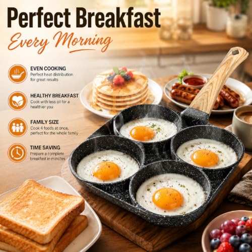 Image of 4 in 1 Frying Pan, Non Stick 4 Hole Egg Frypan, Omelette, Pancake Pan, Breakfast Maker, Multi Section Frying, Induction & Gas Compatible Cookware for Eggs, Dosa, Burger & Home Kitchen (Black)