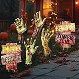 Halloween Zombie Yard Signs | 6 Pcs Pack (4 Zombie Hands, 2 Warning Signs) | 15” Inch Tall Full Color Spooky Yard Decorations | Outdoor Lawn Halloween Party Decor | Trick or Treat Props | BASHOUT
