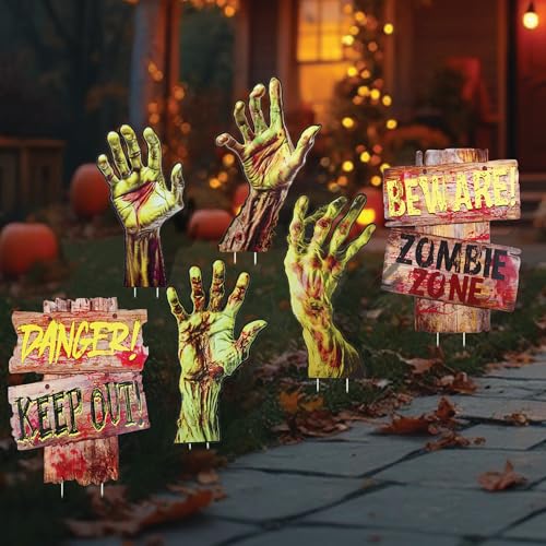 Halloween Zombie Yard Signs | 6 Pcs Pack (4 Zombie Hands, 2 Warni...