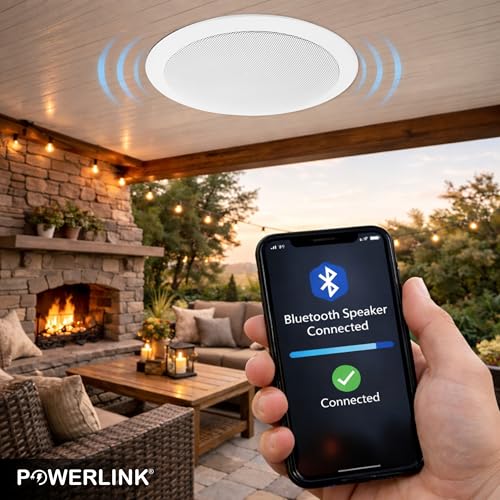 Image of Powerlink 9 inch Bluetooth Flush Mount in-Ceiling 2-Way 30W Speaker System with Built-in Amplifier, Polypropylene Cone & Polymer Tweeter, Stereo Sound, 30W - for Office, Gym, Home Theater