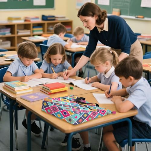 Cute Book Tote Bag for Kids Boys Girls, Geometric Colorful Plaids Lightweight Children Activity Bag Art Tote Bag with Zipper for School and Playtime Rainbow4