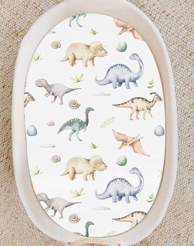 Image of Bassinet Sheets for Baby Girls Boys 2 Pack, Fitted Baby Mattress Sheet for Rectangle, Oval, Hourglass Bassinet Mattress, Breathable Cozy & Universal Fit (Dino Pals, Bassinet Sheet)